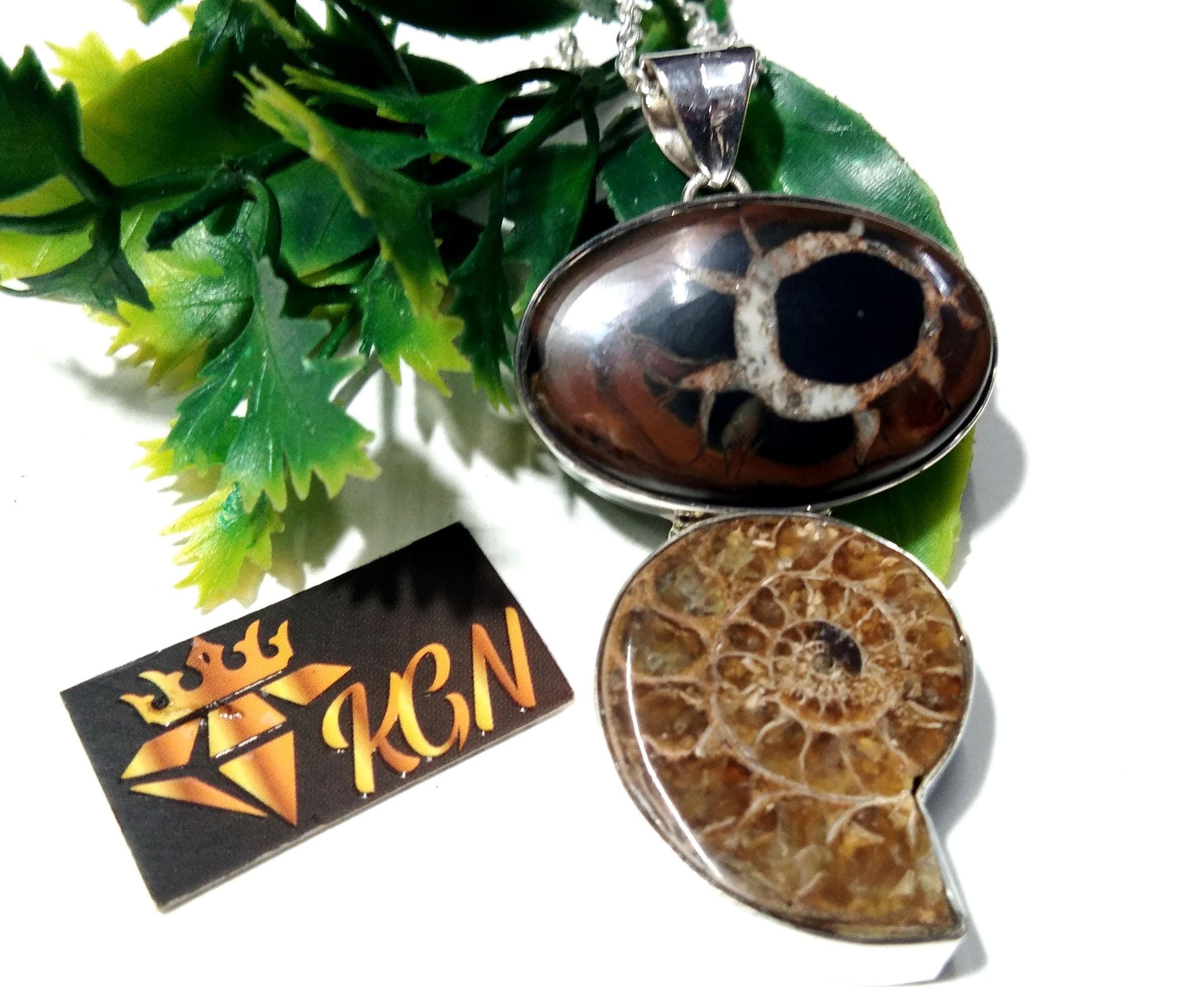 Natural Sapterian & Ammonite Gemstone Pendant Chain Necklace, 925 Silver Pendant Jewelry, Handmade Pendant Necklace, Gift Birthday Pendant